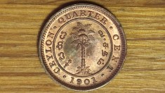 Ceylon - moneda de colectie coloniala exotica - 1/4 quarter cent 1901 AU/UNC - Victoria - foarte greu de gasit !