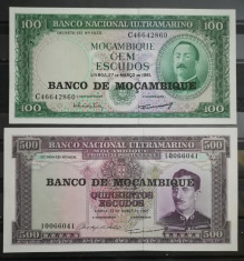 BC26, 2 bancnote Mozambic-100 si 500 escudos, necirculate foto