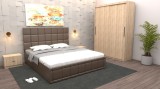 Dormitor Regal cu Pat Tapitat Maro imitatie piele cu dulap usi glisante Sonoma fara oglinda si fara comoda Tv