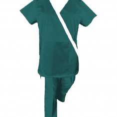 Costum Medical Pe Stil, turcoaz inchis cu Elastan cu Garnitură alba si pantaloni cu dungă albi, Model Marinela - XS, XS