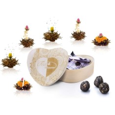 Set cadou ceai infloritor Creano, 6 sfere, ceai negru, cutie lemn in forma de inima, 3 combinatii florale