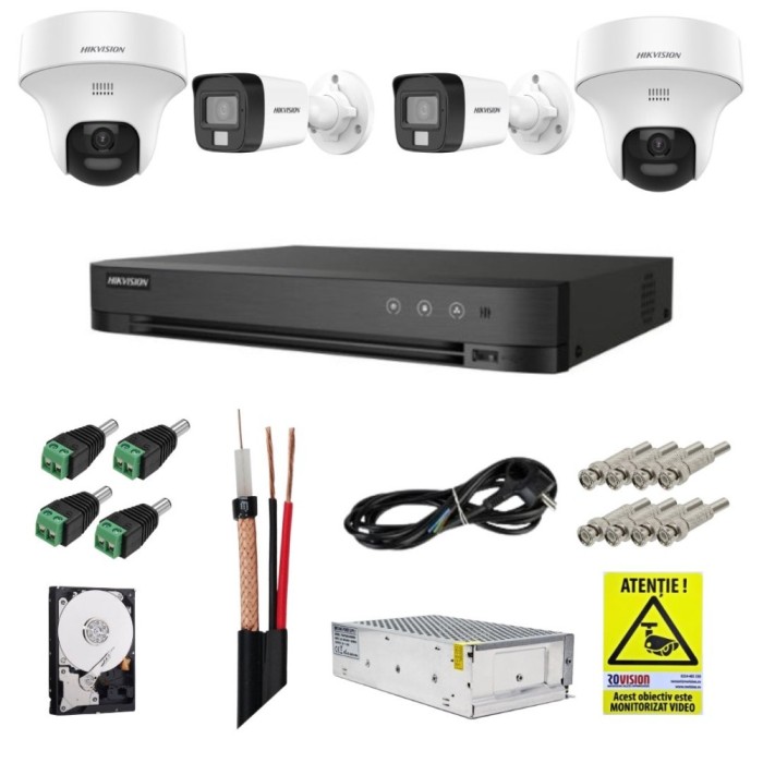 Sistem supraveghere Hikvision cu functii inteligente, 2 camere fixe 5MP, 2 camere rotative 3K 5MP, Audio bidirectional, Dual Light 20m, DVR, Accesorii
