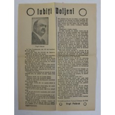 &#039;&#039; IUBITI DOLJENI &#039;&#039; , AFIS ELECTORAL SEMAT DE VIRGIL POTARCA , SEMNAT IN NUMELE PARTIDULUI NATIONAL - TARANESC DIN DOLJ , INTERBELIC