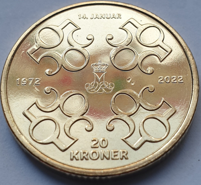 20 Kroner / Coroane 2022 Danemarca, Margrethe II - 50th Jubilee, unc