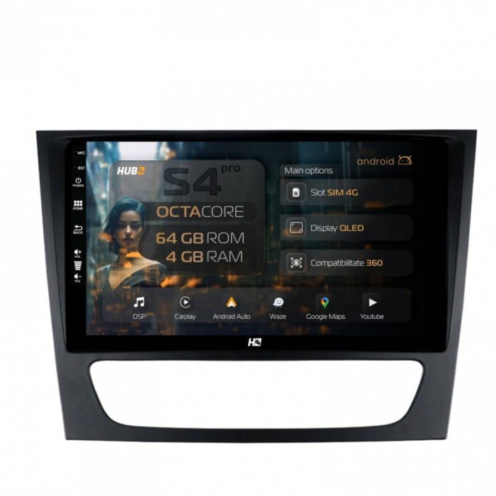 Navigatie Mercedes Benz W211 CLS 4GB RAM Android 13 Octacore Slot Sim 4G DSP GPS Wi-FI Carplay Android Auto USB Bluetooth Waze Touchscreen 9 inch