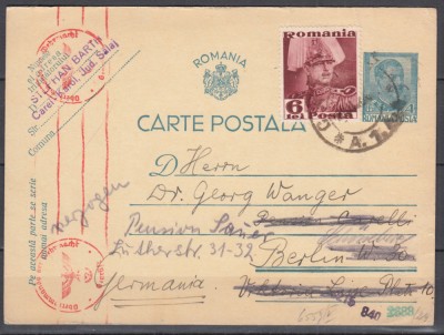 ROMANIA 1939 CP 106 REGELE CAROL II CARTE POSTALA FRANCATE CIRCULATA CAREI-BERLIN 1940 CENZURAT foto