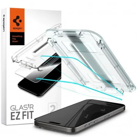 Set 2 folii iPhone 15 Pro Max sticla securizata Transparenta Spigen T-FIT
