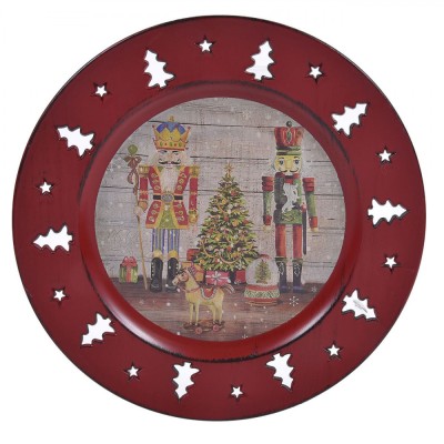 Platou Decorativ Crăciun, Model Spărgătorul de Nuci, Brazi perforați, Plastic, 33cm, Roșu foto