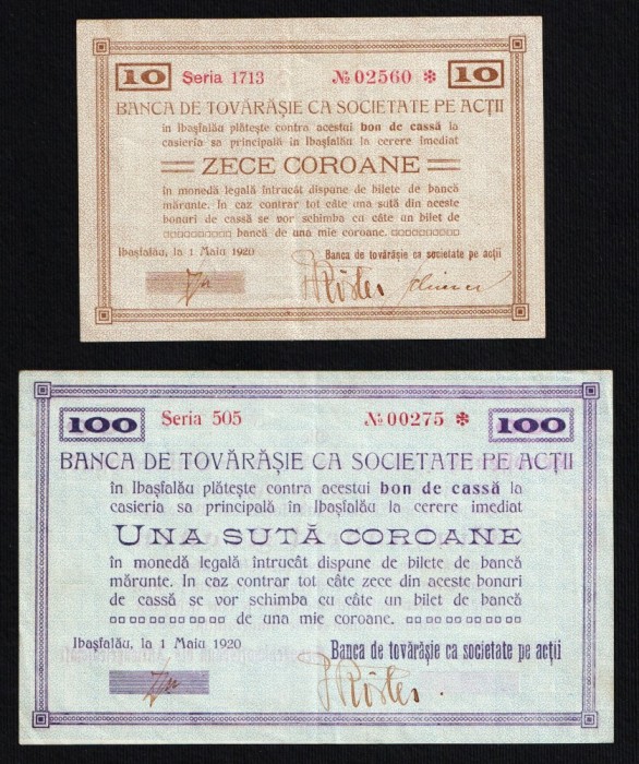 Set complet 10 &amp; 100 Koroane 1920 asignate / bani de necesitate Ibasfalau / Dumbraveni judetul Sibiu . Aproape UNC . Set ft rar !