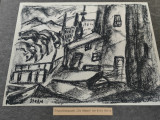 Litografie Ernst Stern (1876-Bucuresti - 1954 Londra),semnat, inramat,17x23 cm, Peisaje, Guasa, Realism