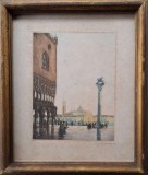Gustave Boulanger (1824-1888)-Veneţia, cu Palatul dogilor şi Coloana leului, litografie veche