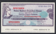 A4842 American Express Travellers Cheque 200 francs Switzerland Elvetia SPECIMEN foto