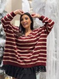 Bluza dama bordo tricotata cu dungi bej, anchior si ursulet din pietricele