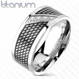 Inel din titan - negru cu argintiu, linie diagonală de zircon - Marime inel: 69