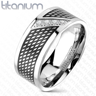 Inel din titan - negru cu argintiu, linie diagonală de zircon - Marime inel: 69 foto