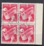 ROMANIA 1948 LP 248 UN AN R.P.R. BLOC DE 4 TIMBRE STAMPILA PRIMA ZI A EMISIUNII, Stampilat