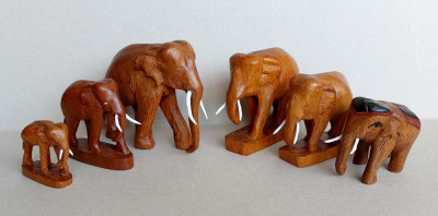 Ferma de Elefanti - Set 6 sculpturi de animale ocrotite cioplite manual in lemn foto