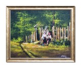 Cumpara ieftin Tablou inramat, Fete lucrand la poarta, pictat manual 50x40cm ulei pe panza, reproducere Nicolae Grigorescu