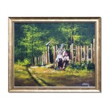 Tablou inramat, Fete lucrand la poarta, pictat manual 50x40cm ulei pe panza, reproducere Nicolae Grigorescu