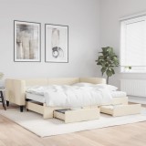 vidaXL Pat de zi cu extensie și sertare, crem, 100x200 cm, textil
