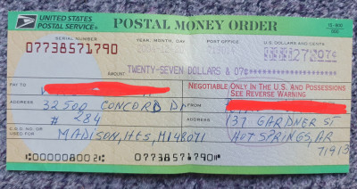 Pentru colectionari, bilet la ordine Money Order din USA, folosit, din anul 2004 foto