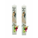 Set lumanari nunta, personalizabile cu nume si data, decorate cu flori uscate si silueta mire si mireasa multicolor