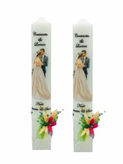 Set lumanari nunta, personalizabile cu nume si data, decorate cu flori uscate si silueta mire si mireasa multicolor