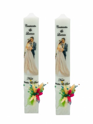 Set lumanari nunta, personalizabile cu nume si data, decorate cu flori uscate si silueta mire si mireasa multicolor foto