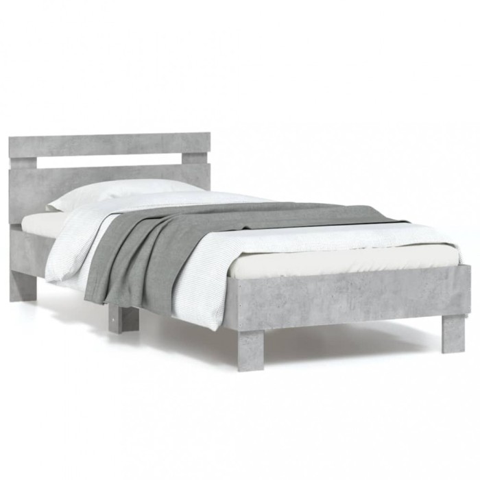 vidaXL Cadru de pat cu tăblie și lumini LED, gri beton, 90x190 cm 838746