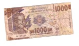 Bancnota Guineea 1000 francs/franci 2018, extrem de uzata