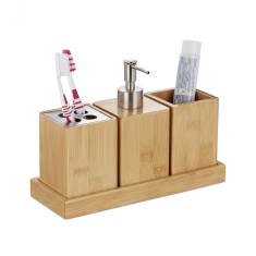 Set accesorii baie cu tavita, 3 piese- include dozator sapun, Bambus, Natur