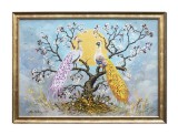 Tablou cu pauni pictat manual inramat, 75x55cm ulei pe panza, rama din lemn, Stefan Bilibou, certificat de autenticitate