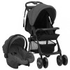 Cărucior Copii 3 in 1 vidaXL Gri &Icirc;nchis/Negru, Cadru Oțel, Pliabil, Cu Landou/Scaun Auto, Copertină UV, Coș Depozitare, Robust și Durabil