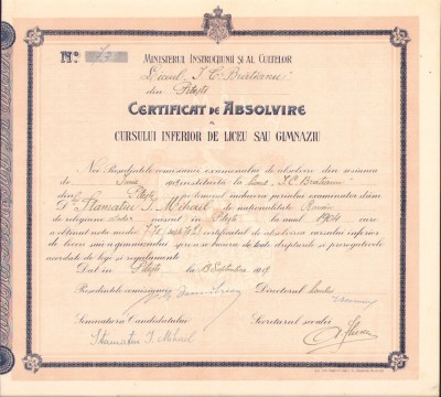 HST PM97 Certificat de absolvire Stamatiu Mihail 1919 Pitești foto