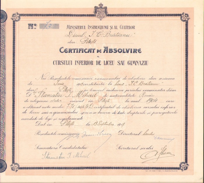 HST PM97 Certificat de absolvire Stamatiu Mihail 1919 Pitești