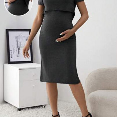 Rochie midi pentru alaptare, cu maneci scurte, Maternity, gri, dama