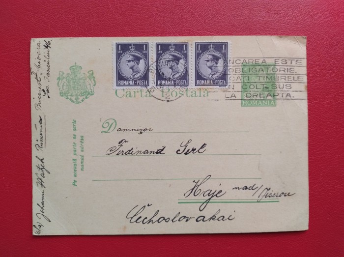 CARTE POSTALA ( 1931 ) - CIRCULATA BUCURESTI - HAJE - CEHOSLOVACIA ( 1931 )