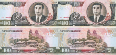 2 x 1992 , 100 won ( P-43a ) - Coreea de Nord - stare UNC foto