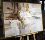 Tablou inramat abstract cu auriu pictat manual, Imaginatie, 105x75cm ulei pe panza, Vicentiu Done