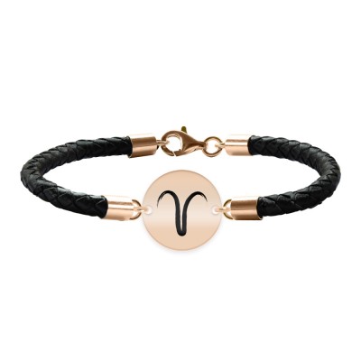 Bratara Premium din piele impletita si banut argint 925 placat cu aur Roz personalizat cu zodiac - Berbec foto