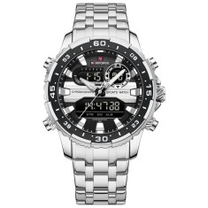 Ceas barbatesc Naviforce Quartz Dual Time Data Alarma Luxury Militar Otel Argintiu foto