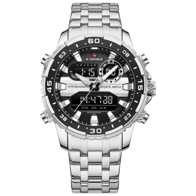 Ceas barbatesc Naviforce Quartz Dual Time Data Alarma Luxury Militar Otel Argintiu foto