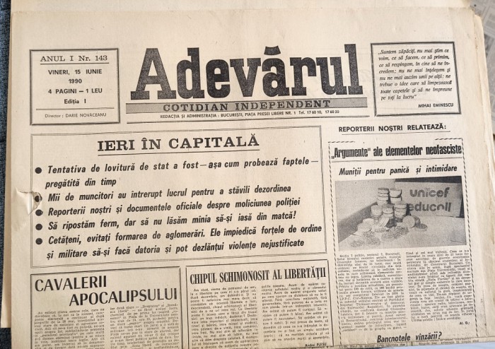ZIAR VECHI ADEVARUL 15 IUNIE 1990 - MINERIADA