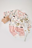 Set bluzita cu maneca lunga si nasturei si pantaloni lungi, 100% bumbac organic, BabyCosy, Pudra (Marime: 9-12 luni)
