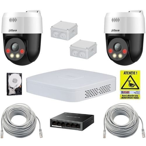 Sistem supraveghere IP Dahua cu functii inteligente, 2 camere rotative, 5MP, Alarma, Difuzor, Switch, Accesorii incluse, Hard Disk 500GB SafetyGuard S