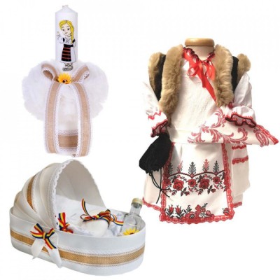 Set botez traditional fetita, trusou botez landou, lumanare si costum foto