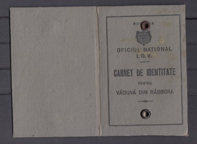Oficiul National I.O.V - Carnet de Identitate - Vaduva Razboi - Primul Razboi Mondial - ani &amp;#039;20 - Pitesti Arges foto