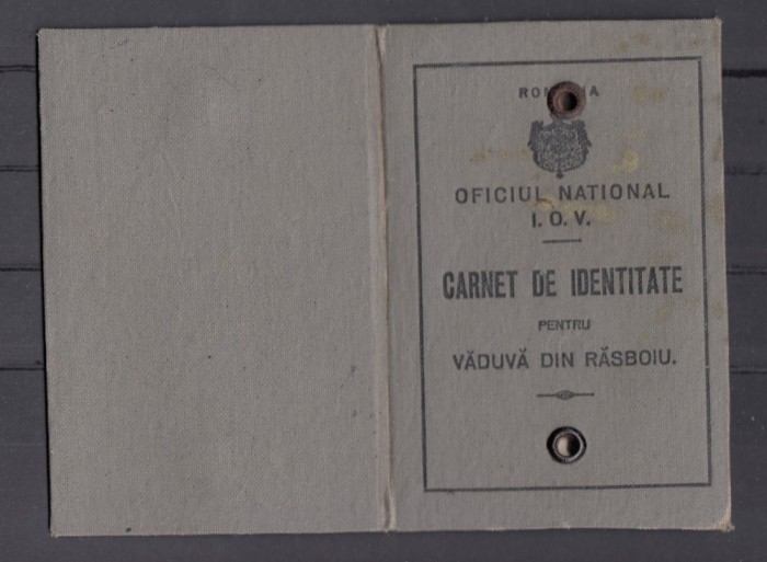 Oficiul National I.O.V - Carnet de Identitate - Vaduva Razboi - Primul Razboi Mondial - ani &#039;20 - Pitesti Arges