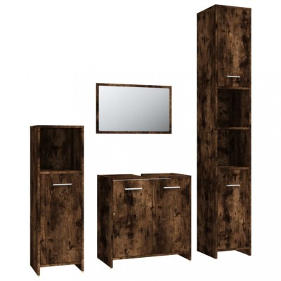 Set mobilier de baie, 4 piese, stejar fumuriu, lemn prelucrat foto