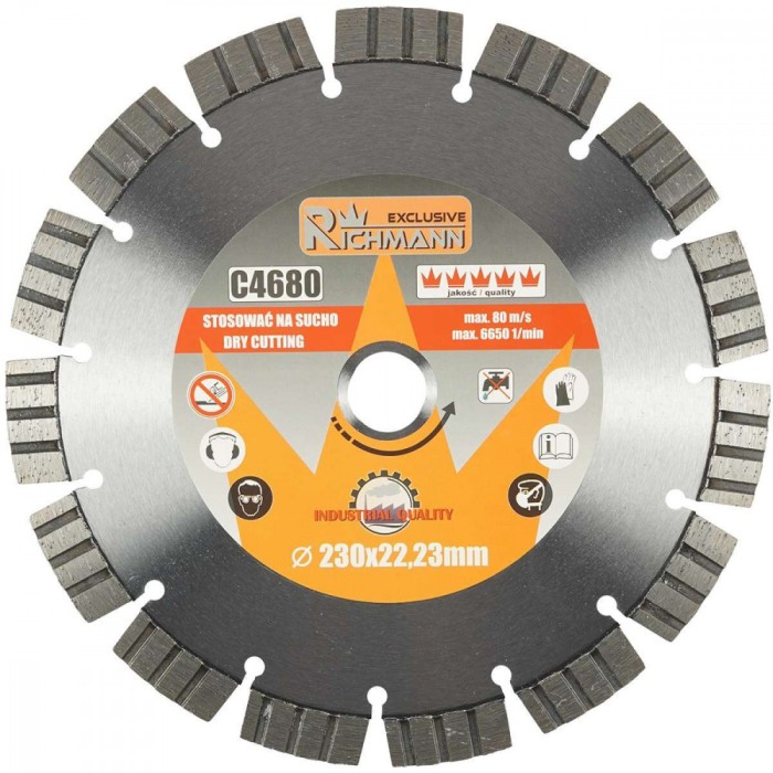 Disc diamantat segmentat, beton armat, caramida, taiere uscata, 230 mm/22.23 mm, Richmann Exclusive